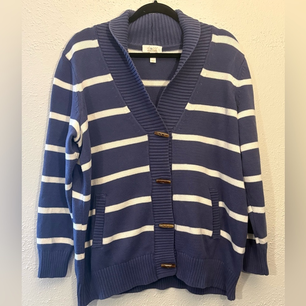 Denim & Co. Heritage Toggle Closure Blue Striped Preppy Cotton Cardigan Size 1X